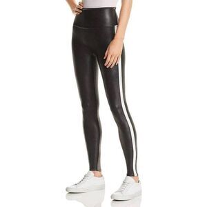 SPANX Black Faux Leather Leggings with White Side Stripe